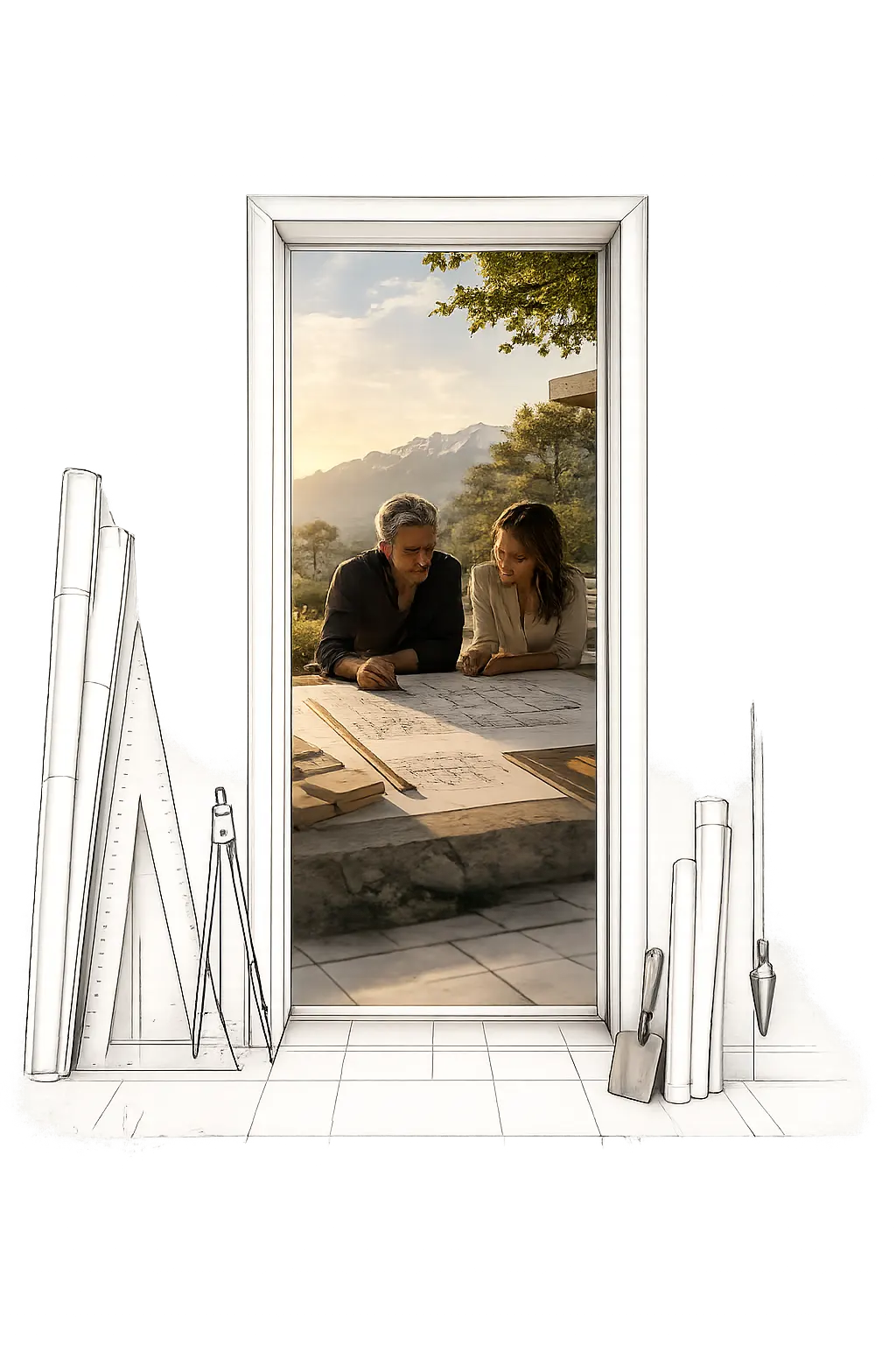 Geöffnete Tür, Blick in ein lichtdurchflutetes Architekturbüro mit Zeichentisch und Regalen