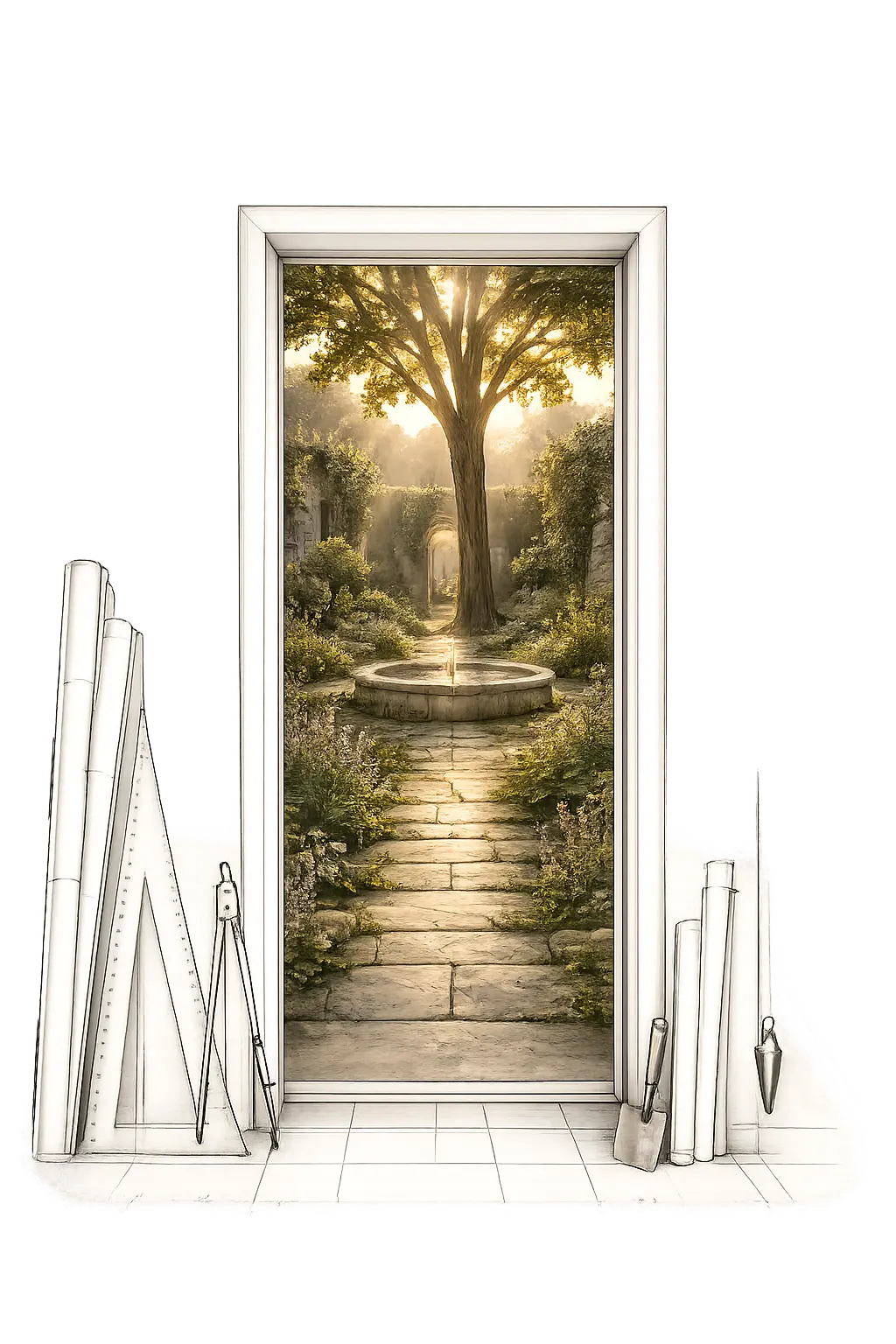 Geöffnete Tür, Blick in ein lichtdurchflutetes Architekturbüro mit Zeichentisch und Regalen
