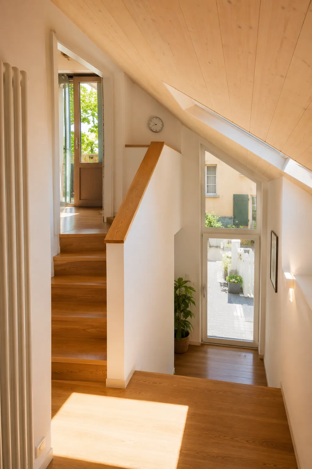 Geöffnete Tür, Blick in ein lichtdurchflutetes Architekturbüro mit Zeichentisch und Regalen