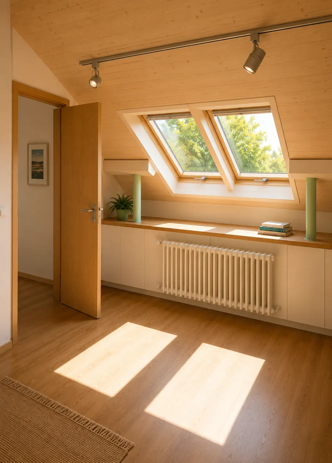 Geöffnete Tür, Blick in ein lichtdurchflutetes Architekturbüro mit Zeichentisch und Regalen