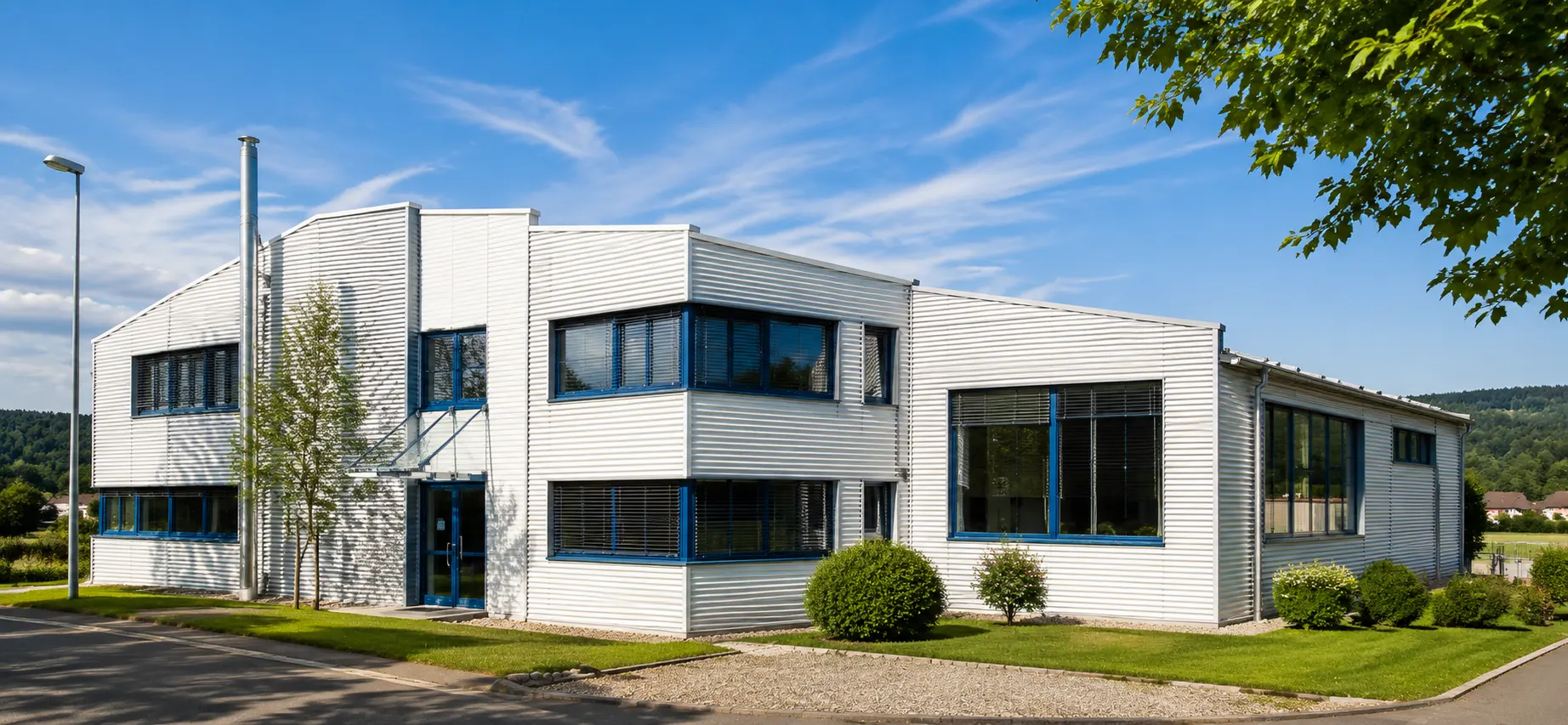 Geöffnete Tür, Blick in ein lichtdurchflutetes Architekturbüro mit Zeichentisch und Regalen