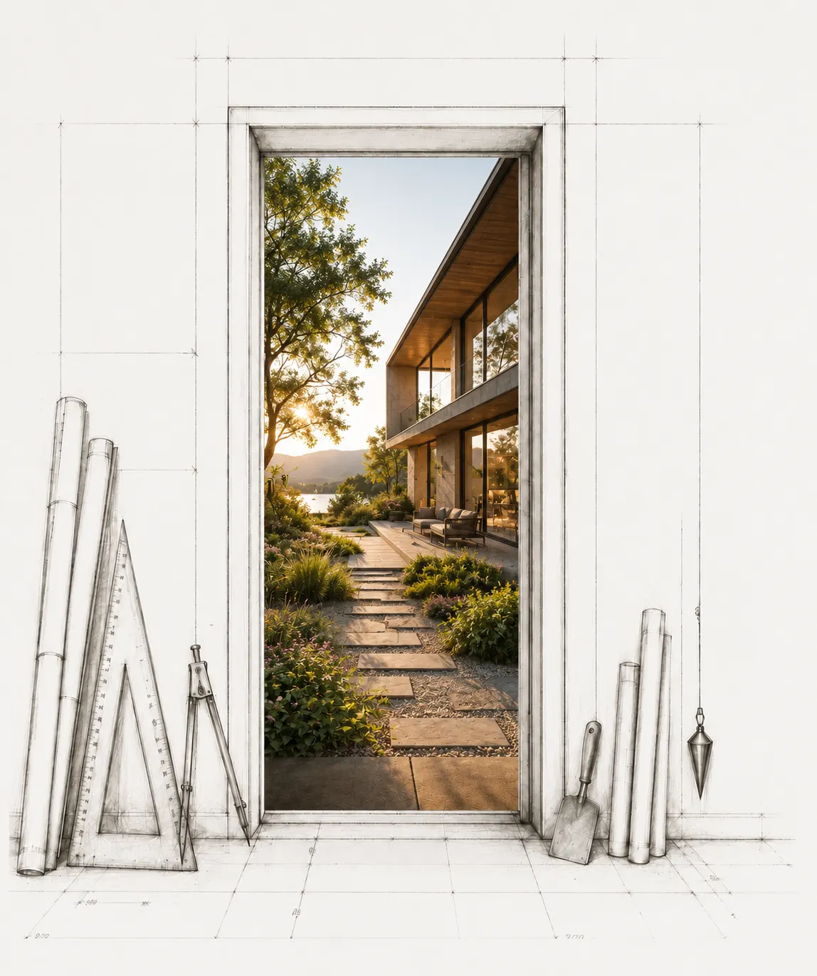 Geöffnete Tür, Blick in ein lichtdurchflutetes Architekturbüro mit Zeichentisch und Regalen