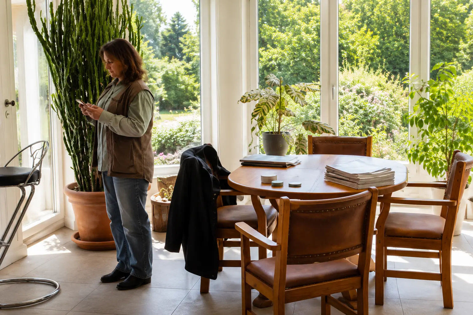 Geöffnete Tür, Blick in ein lichtdurchflutetes Architekturbüro mit Zeichentisch und Regalen